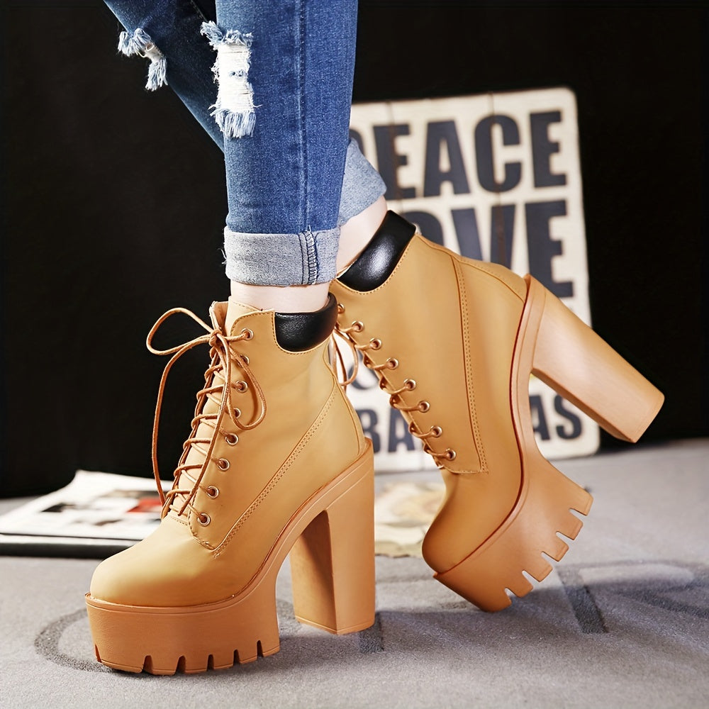 Women's Chunky Heeled Short Boots - Round Toe Lace Up High Heels, Solid Color Waterproof Platform Shoes - For Women - Suitable for Parties, Night Out, Dates - Perfect Gift for Fashionable Women
